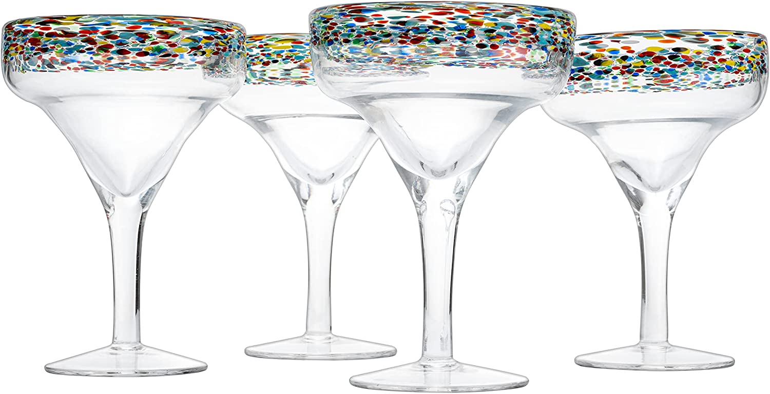The Wine Savant Mexican Margarita Hand Blown Glass - Set of 4 - Large 16oz, Luxury Margarita Glasses, Mexico Design Large 16oz Confetti Rim Carmen Cinco de Mayo, Dishwasher Safe, Confetti Rock Decor