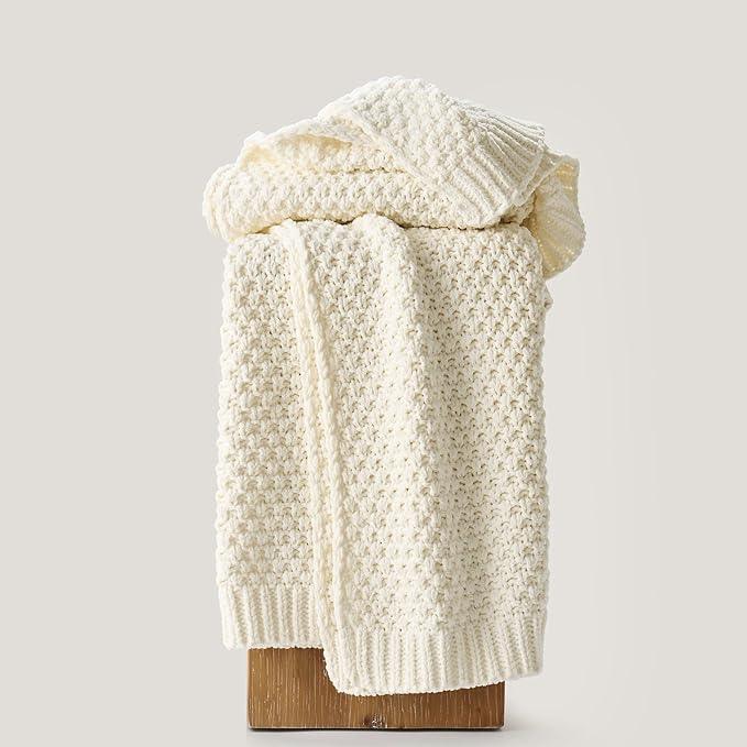 Chunky Chenille Knit Throw Blanket for Couch, Soft Luxurious Moss Stitch Blankets for Bed, Cozy Decorative Farmhouse Knitted Throws for Sofa, Ivory White, 50