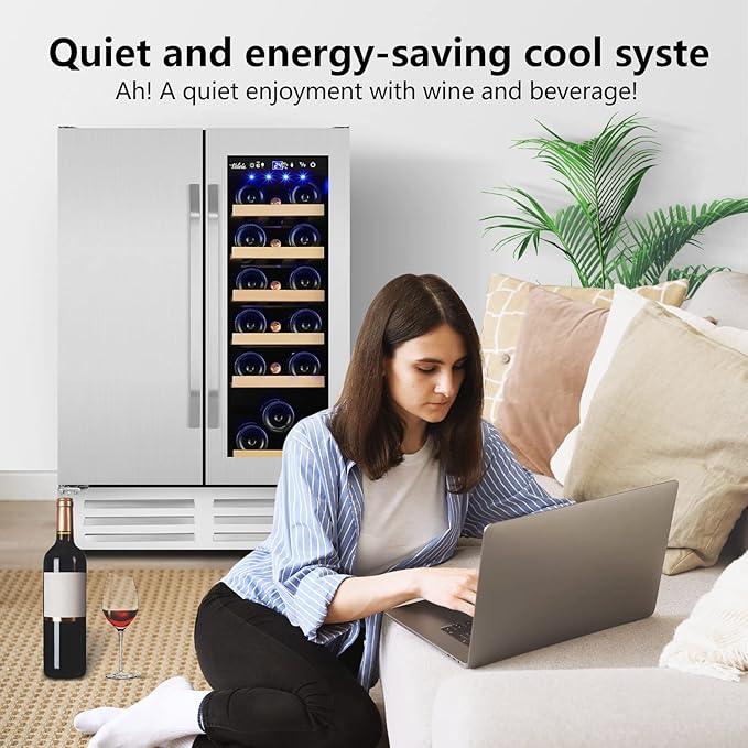 Wine and Beverage Refrigerator,24 Inch Dual Zone Wine Beverage Cooler, Built-in/Freestanding Beer and Wine Fridge with a Powerful Compressor, 20 Bottles and 88 Cans Capacity