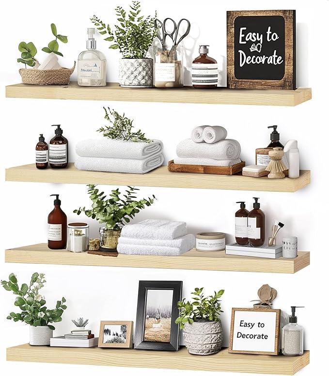 Floating Wall Shelves 4-Pack - Rustic Wood 16-inch Wooden Wall Shelves for Storage and Décor, Multi-Functional and Easy to Install for Living Room, Bedroom, and Kitchen