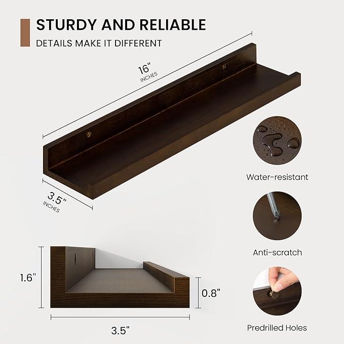 Picture Ledge Shelf, Solid Pine Wood Floating Shelves Set of 4, 16 Inches Nursery Book Shelves for Toys Storage, Kids Bookshelf Wall Mounted for Living Room Decor Photo Frames, Walnut