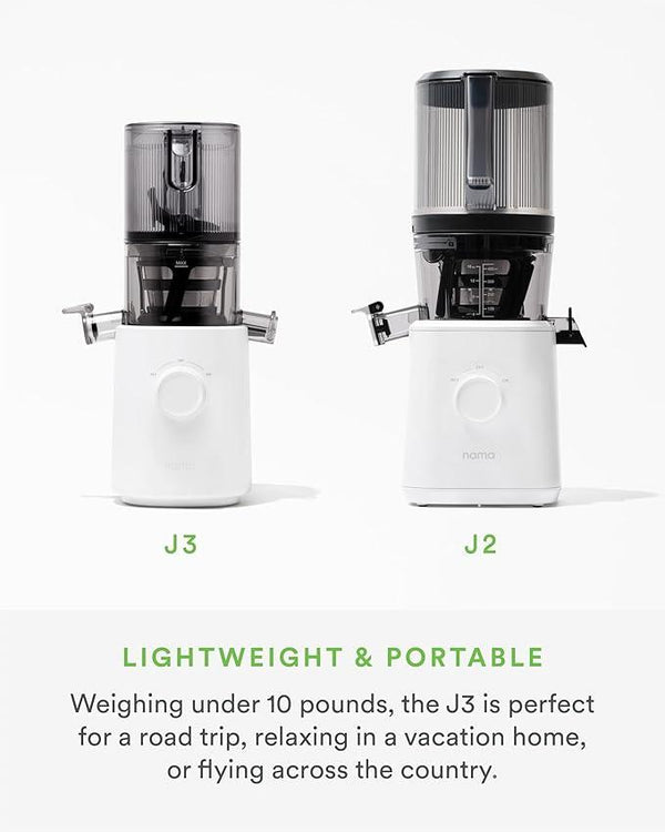 Nama J3 Compact Cold Press Juicer – Space Saving & Self Feeding for Hands-Free Operation – Lightweight, Portable Zero Waste Slow Masticating Juicer – Easy Cleanup & Assembly - White