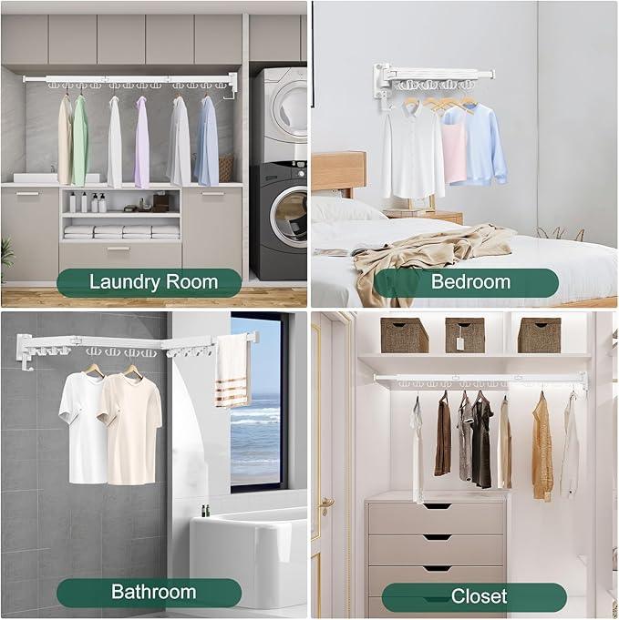 Wall Mounted Clothes Drying Rack, Laundry Drying Rack Wall Mount, 3-Fold Drying Rack Clothing, Foldable Clothes Drying Rack with 12 Dual Hooks Organization for Laundry Room Indoor - White