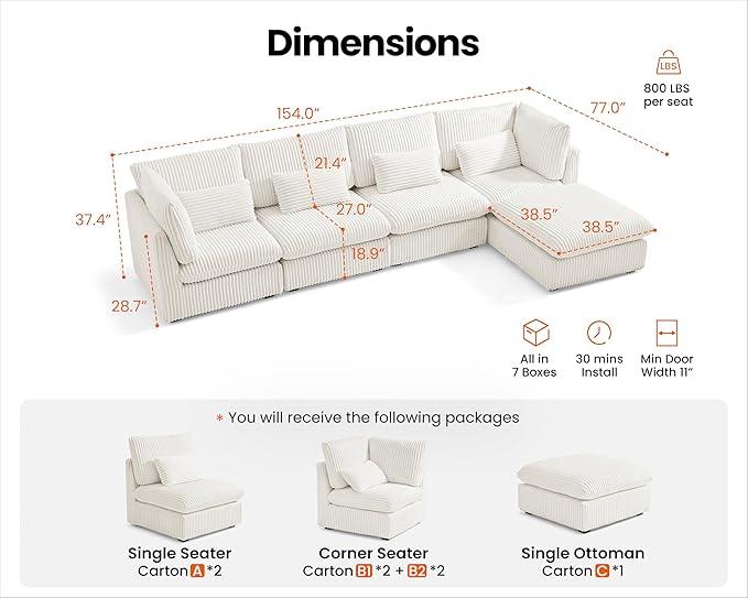 Oversized Modular Sofa, Extra Deep Cloud Corduroy Sectional Couch with Ottoman Chaise, Fluffy Corduroy 5 Seater Sofa Bed for Living Room, Villa (L Shape 5 Seater, Corduroy White)