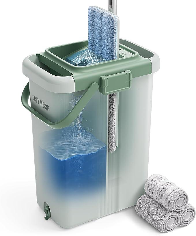 JOYMOOP Mop and Bucket with Wringer Set, Flat Squeeze Mop with Bucket (X-Large), Dust Mop for Wall Cleaner with Long Handle, Microfiber Mop - Green Bucket with 3 Reusable 15