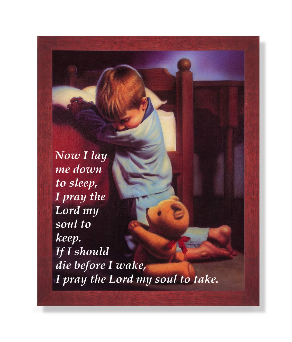 Framed Religious Art Print – Praying Boy Picture with Teddy Bear in Solid Wood Frame