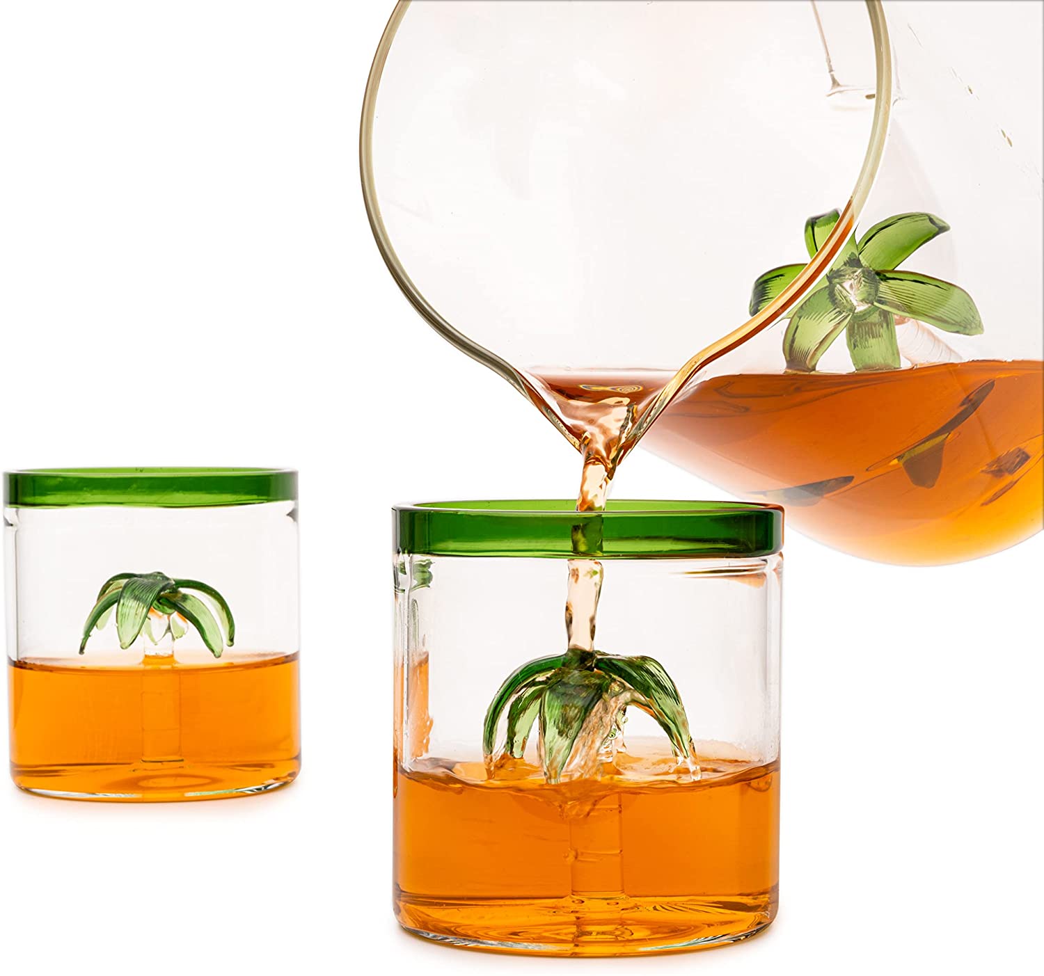Palm Tree Pitcher & 4 Glasses Set Decanter with 4 Glasses 9oz by The Wine Savant - Elegant Glass Set, Great for Water Iced Tea, Sangria, Lemonade, and More! 1300ml 9