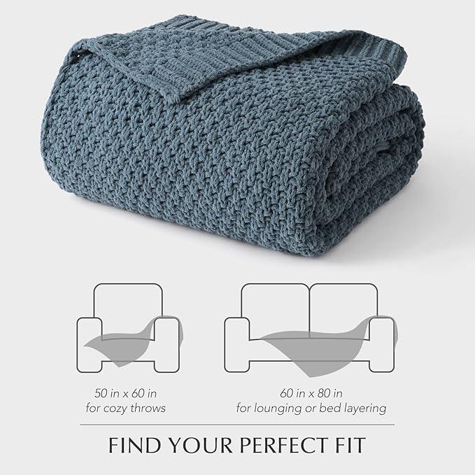 Chunky Chenille Knit Throw Blanket for Couch, Soft Luxurious Moss Stitch Blankets for Bed, Cozy Decorative Farmhouse Knitted Throws for Sofa, Stormy Blue, 60