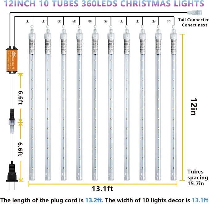 High Brightness 10 Tube 12 Inch 360 LED Meteor Shower Rain Lights Cascading Falling Rain Outdoor Light for Christmas Halloween Tree Raindrop Decoration