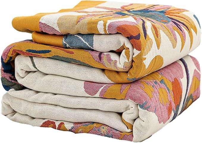 Boho Throw Blanket for Couch Sofa Bed, 100% Cotton Woven Quilt with Tassel 80”x90”, Super Soft Muslin Blanket with Floral Printed, Decorative Reversible Bed Blanket/Cover for All Seasons