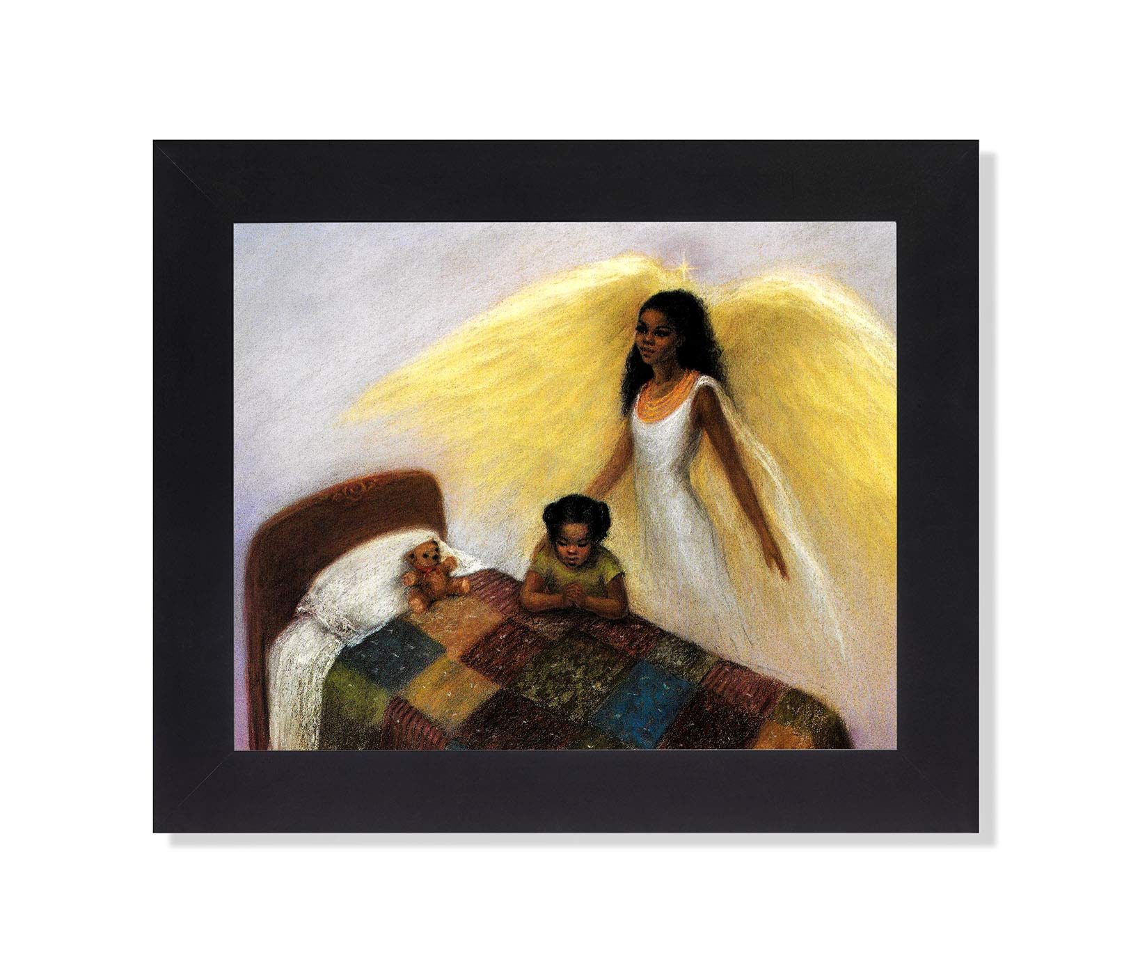 Black Framed Art Print – African American Guardian Angel Girl Praying 8x10 Wall Art