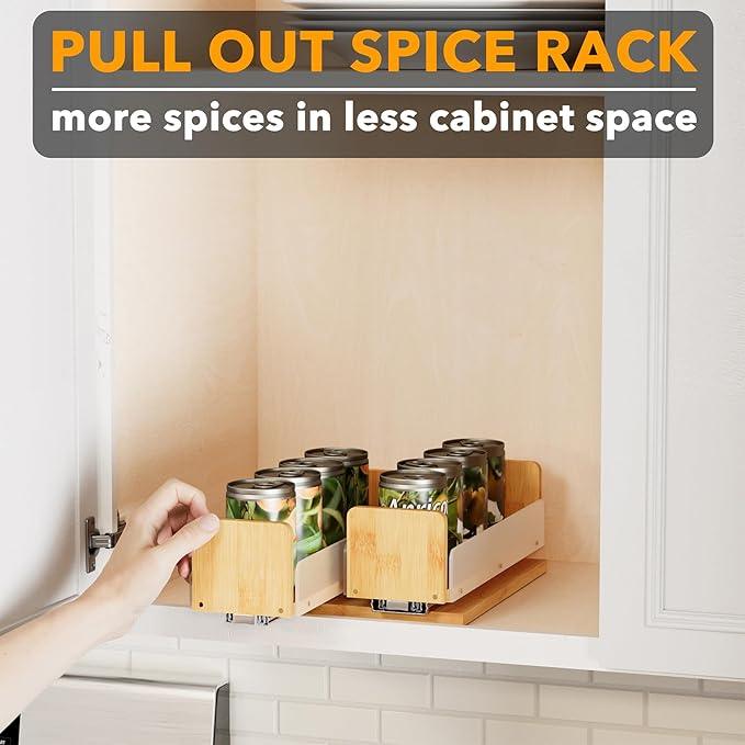 SpaceAid Bamboo Pull Out Spice Rack Organizer for Cabinet, Heavy Duty Slide Out Seasoning Kitchen Pantry Sliding Vertical Organization, 7.3