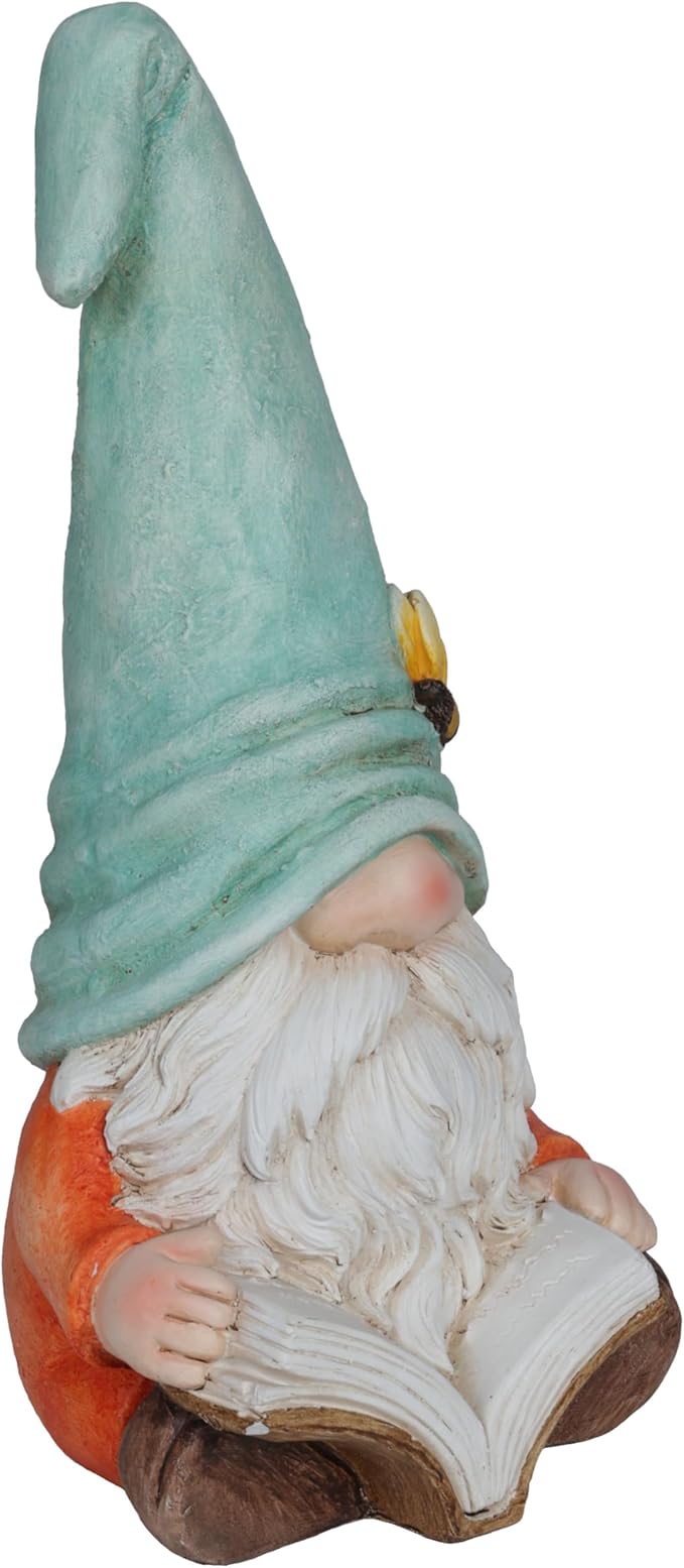 Alpine Corporation MCC844 Indoor/Outdoor Gnome Reading a Book Garden Statue, Charming Gnome Statue with Hat, 20