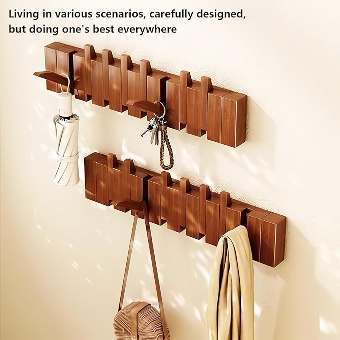 Wall Mounted Piano Key Hanger | Flip Style Hook | Entrance Wall Art Hook, Made of Oak Wood (3 Times Painted, 4 Times Polished) (LED Walnut, 12Hooks)