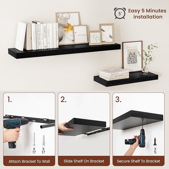 Black Floating Shelves for Wall 55 Inches Long, 12