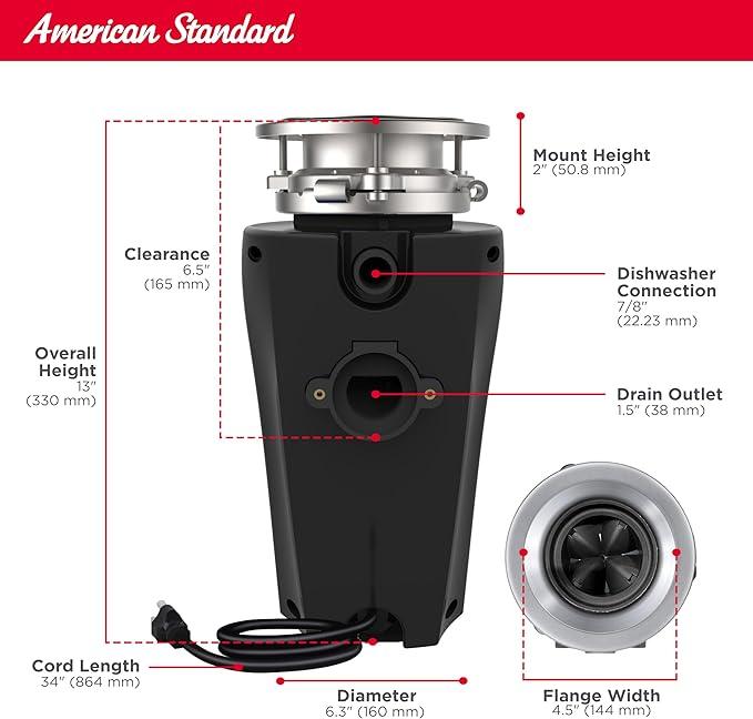 American Standard 10-US-AS-5 Garbage Disposal Anti-Jam Stainless Steel Food Waste Grinding System, Slim Line, 1/2 HP, Black