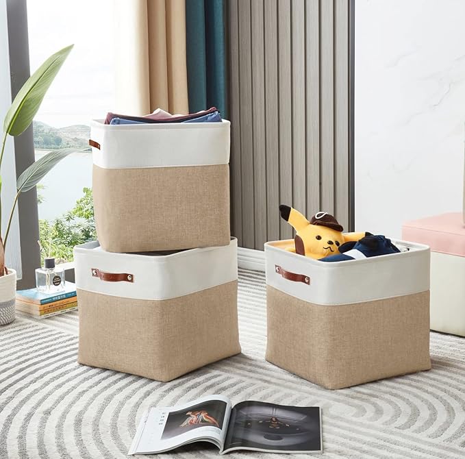 DECOMOMO Storage Cubes, 12x12 Storage Bins, Baskets for Shelves (Beige & White, Cube 12