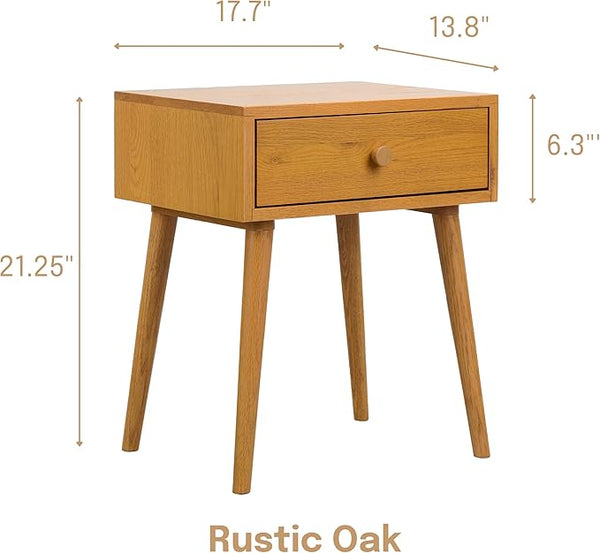 NTC Solid Oak Lux Nightstand with Drawer, Mid Century Modern Side Table Bedroom, Bedside Furniture, Night Stand, End Table, Easy Assembly - Rustic Oak