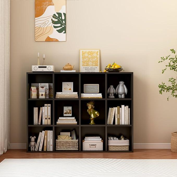 12-Cube Storage Shelf Bookcase - Wooden 3-Tier Floor Standing Open Bookshelf for Home and Office, Display Cabinet, Black