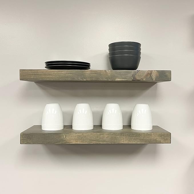 URBANDI, Rustic Floating Shelves, Set of 2, Hidden Bracket, Solid Wood, Heavy Duty, Wall Mounted Shelves, (Grey, 48Wx6D)