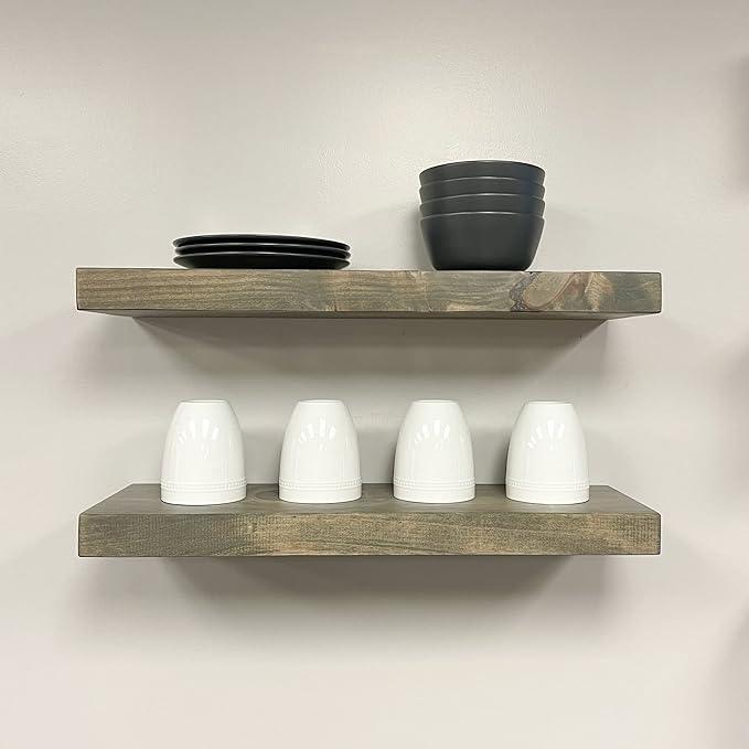URBANDI, Rustic Floating Shelves, Set of 2, Hidden Bracket, Solid Wood, Heavy Duty, Wall Mounted Shelves, (Grey, 12Wx10D)