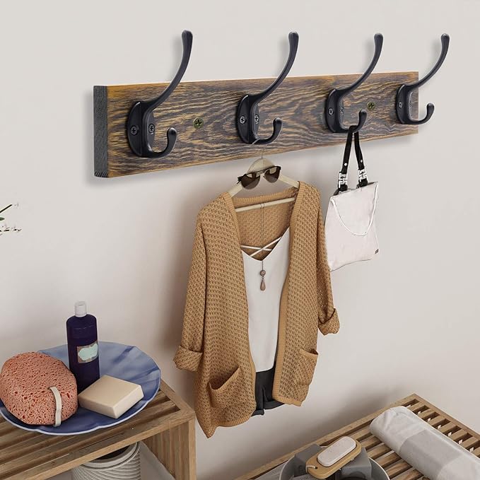 IBosins Wall Mounted Coat Rack, Entryway Hanging , Metal Wood Rack with 4 Black Literary Rustic Hooks Rail for Scarf, Bag, Towel, Key, Cap, Cup, Hat (Brown)