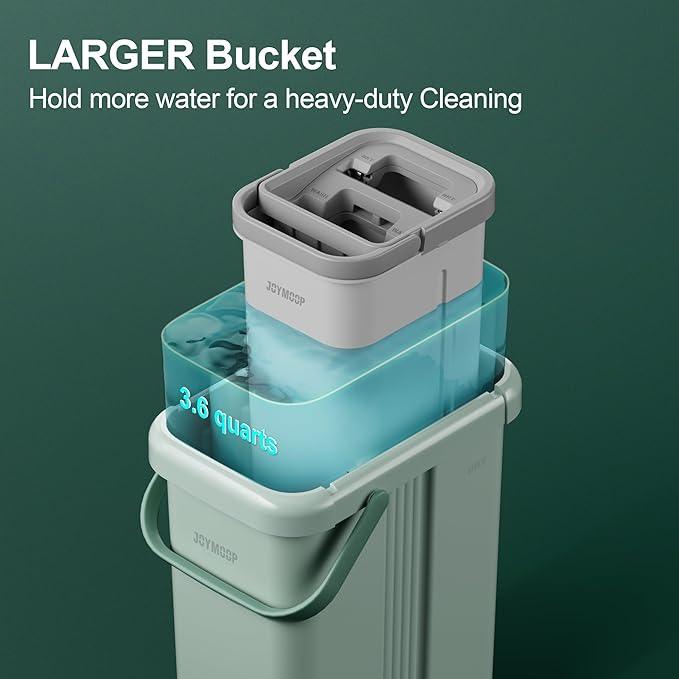 JOYMOOP Mop and Bucket with Wringer Set, Flat Squeeze Mop with Bucket (X-Large), Dust Mop for Wall Cleaner with Long Handle, Microfiber Mop - Green Bucket with 3 Reusable 15