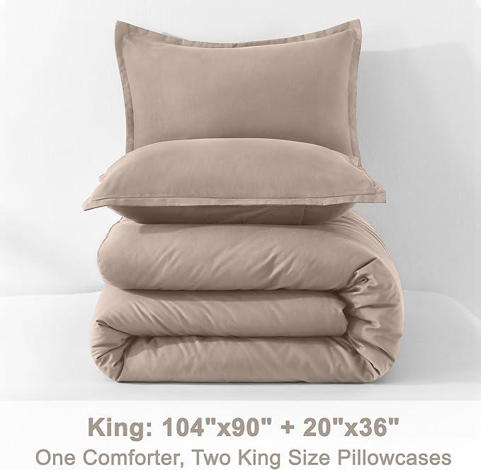 Litanika Light Coffee Comforter King Size, 3 Pieces Lightweight Solid Bedding Comforter Set, All Season Fluffy Bed Set (104x90In Comforter & 2 Pillowcases)