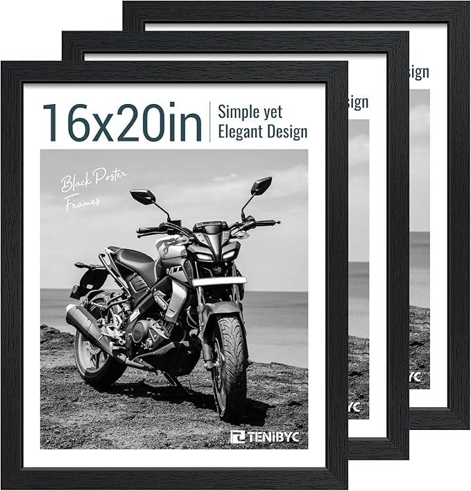 16x20 Picture Frame Set of 3 - Black Woodgrain, Solid Wood, HD Tempered Glass, Wall Gallery Poster Frame