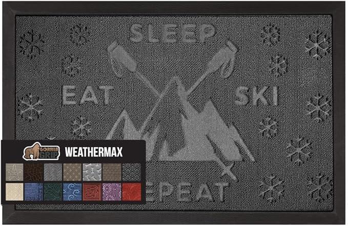GORILLA GRIP 100% Waterproof All-Season WeatherMax Doormat, US Designed Natural Rubber, Stain and Fade Resistant, Low Profile Indoor Outdoor Door Mats, Easy Clean Patio Mat, 17x29, Graphite Skiing