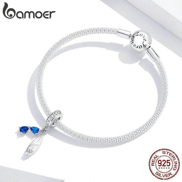 bamoer 2020 Summer Series Surfing with Sunglass Pendant Charm for Bracelet 925 Sterling Silver DIY Jewelry Accessories BSC263