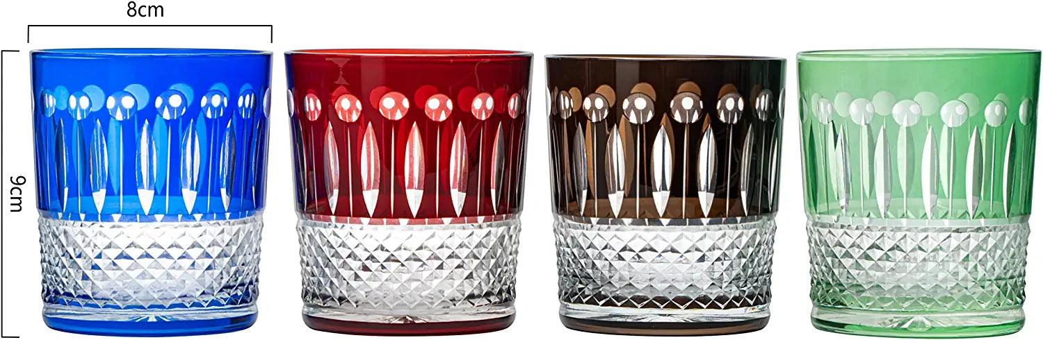 The Wine Savant Crystal Italian Multicolor Design Cups -Set of 4 Whiskey Glasses 8oz 3.5