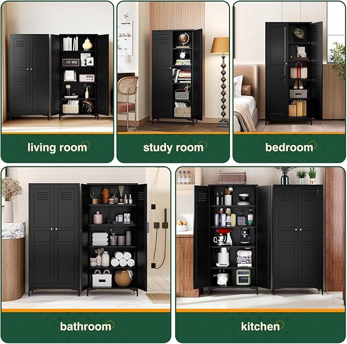 Letaya Black Storage Cabinet with Feets-Metal Home Kitchen Pantry Cabinets with Doors and Adjustable Shelves,Organization Locker for Cupboard/Bedroom/Dining/Living/Bathroom/Office/Garage Room (Black)