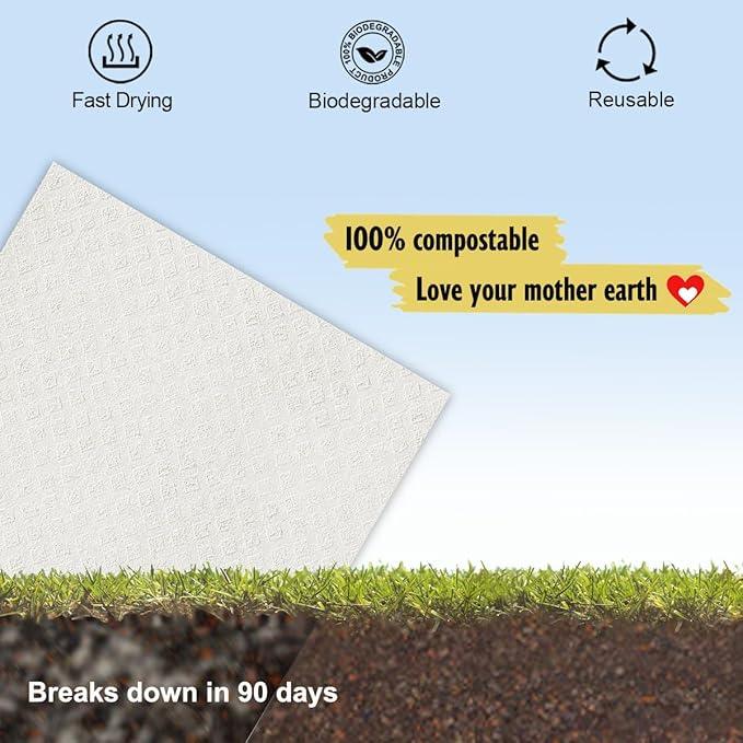 Swedish Dishcloths for Kitchen | 6 Pack Absorbent Cellulose Sponge Cloths Washable | Non-Scratch Reusable Paper Towels Quick Drying Cleaning Cloths - White