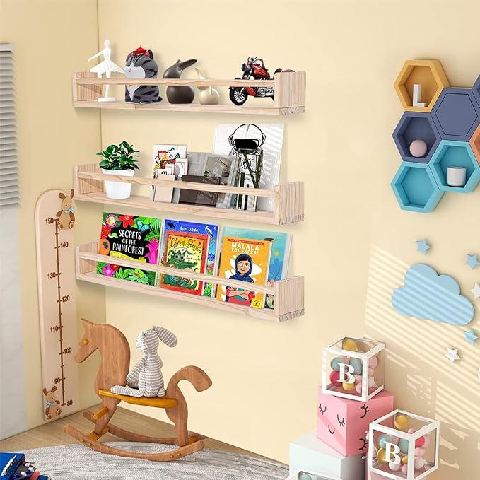 AZSKY Natural Wood Nursery Shelves Floating Wall Book Shelves Nursery Kids Baby Toddler Room Décor 36 in Bookshelf for Toy Picture Display a Set of 3 Same Sizes