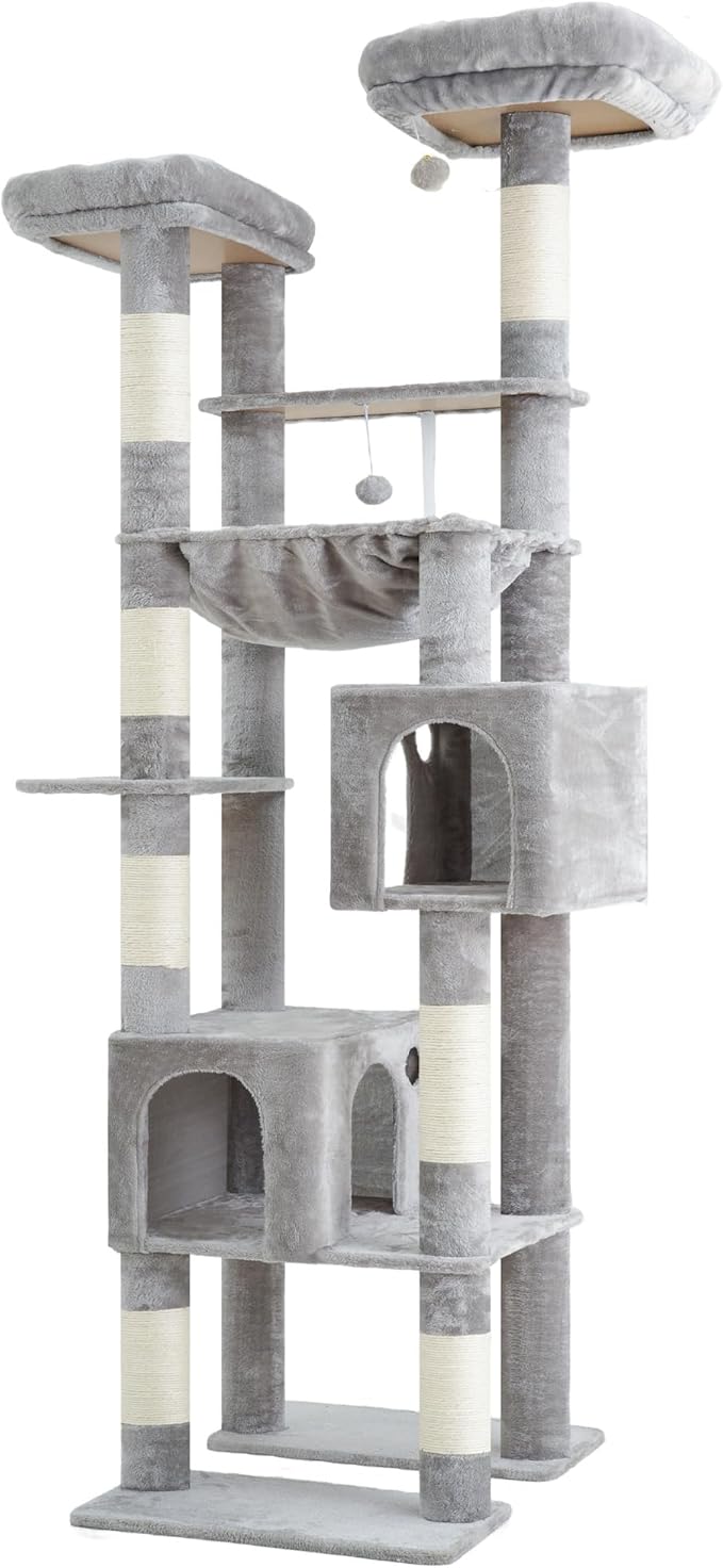 Hey-brother Tall Cat Tree Tower, Heavy Duty Scratching Posts with Large Platforms, Cozy Condos, Big Hammock, Toy Balls, Multi-Level Furniture for Indoor Adult Cats, 80.7 Inches, Light Gray MPJ039W