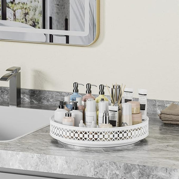 Ovicar Lazy Susan Turntable Organizer - 13 inch Rotating Spice Rack Metal Lazy Susan for Cabinet Pantry Kitchen Countertop Dining Table Cupboard Bathroom Vanity Refrigerator White