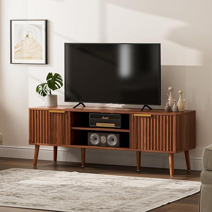TV Stand for Living Room, Mid Century Modern Entertainment Center for 55/60/65 inch TVs, TV Console with Fluted Door Cabinets and Open Shelves, for Bedroom, Walnut