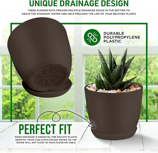 Planter Pots with Drainage Holes - Lightweight, Durable & Space-Saving Pots for Indoor and Outdoor - Versatile Functionality, Simple Modern Design, Set of 10 Plastic Planter Pots - Brown