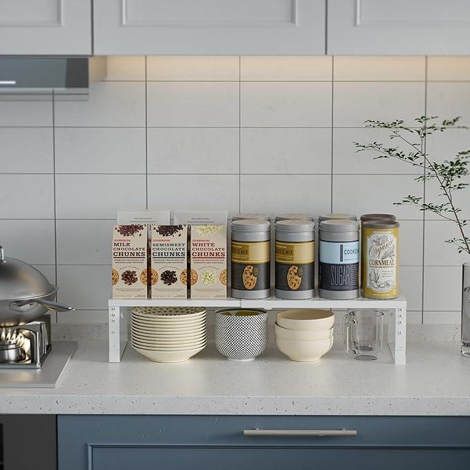 Expandable Spice Rack Kitchen Cabinet Shelf Organizer, Stackable Storage Shelves Racks, Adjustable Counter Shelving for Cabinets, Countertop, Cupboard,Pantry and More(2Packs/White/Large)