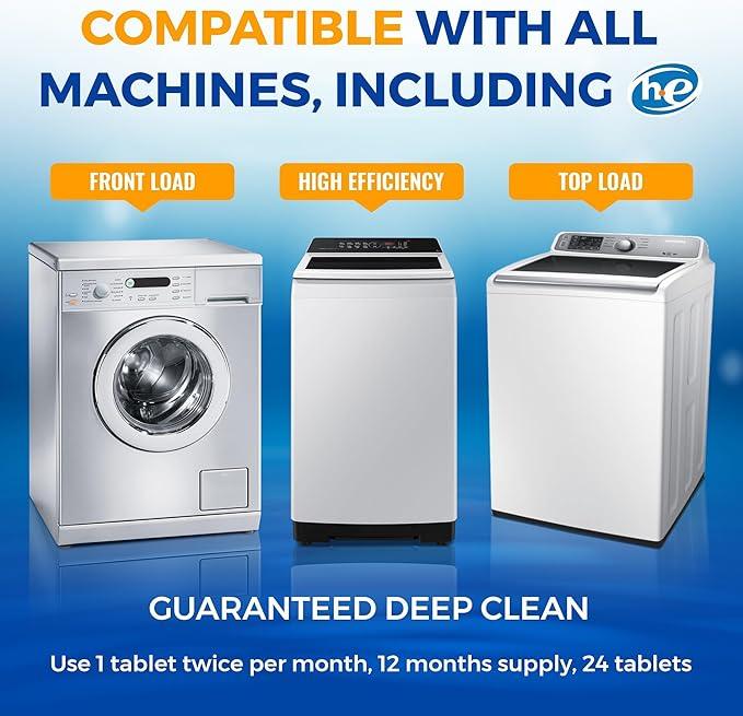 Washing Machine Cleaner Tablets 24 pack Powerful Descaler -Deep Cleaning for HE Front Loader & Top Load Washer Septic Safe Eco-Friendly Deodorizer Clean Drum & Laundry Tub Seal- Year's Supply