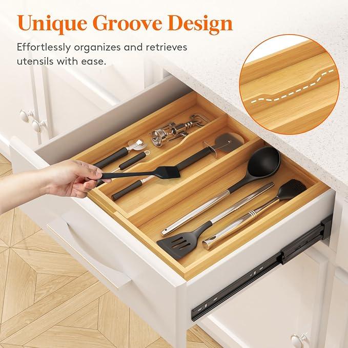Lifewit Utensil Drawer Organizer, Expendable Cooking Silverware Tray for Kitchen Drawer, Bamboo Adjustable Cutlery Flatware Holder, Spatula Tools and Gadgets Storage Divider, 3 Compartments, Natural