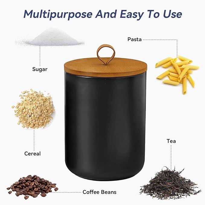 Large Ceramic Storage Jars, Modern Elegant Highly Polished Airtight Gorgeous Storage Canisters with Wooden Lid Food Storage Jar for Kitchen Spice Tea Vanilla Sugar Coffee Beans (Black)