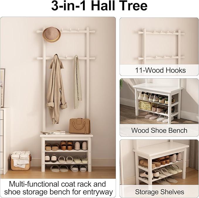 Coat Rack with Shoe Storage, Narrow Wooden Hall Tree with Bench, 11 Hooks and 2-Tier Storage Shelves, 3-in-1, Entryway Bench with Coat Rack (23.6