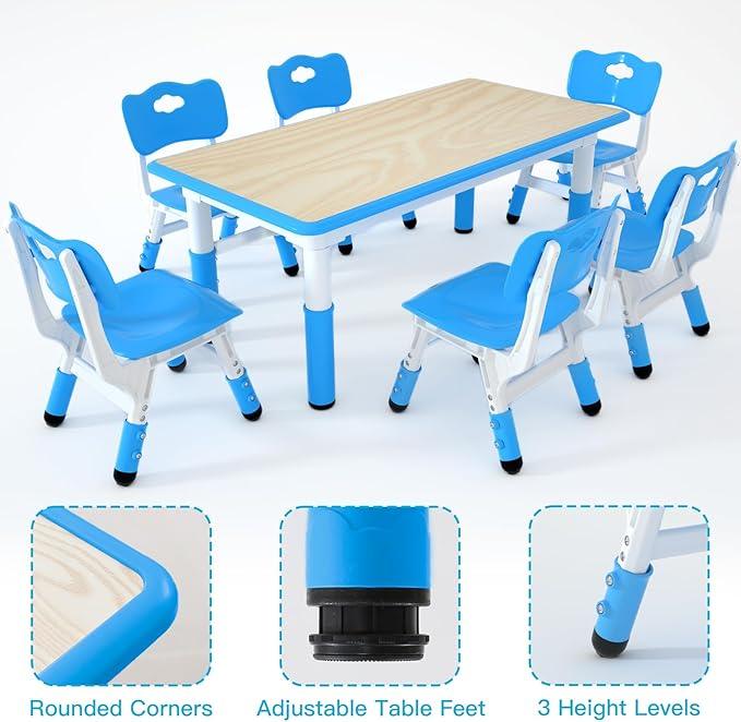 Kids Study Table and 6 Chairs Set,Height Adjustable Table and Chairs for Children and Toddlers,47.2