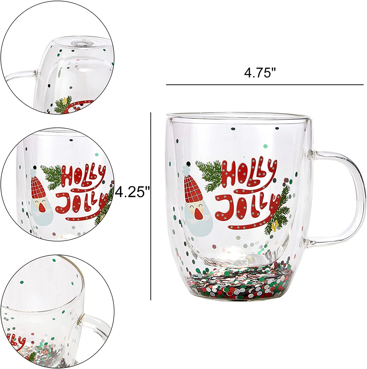 Set of 2 Holly Jolly Christmas Design Tumbler Mugs - Confetti Filled 9.5 oz Decorated Christmas Glass - Perfect for Wine, Eggnog, Cocoa, Holiday Parties & Festivities - 4.25