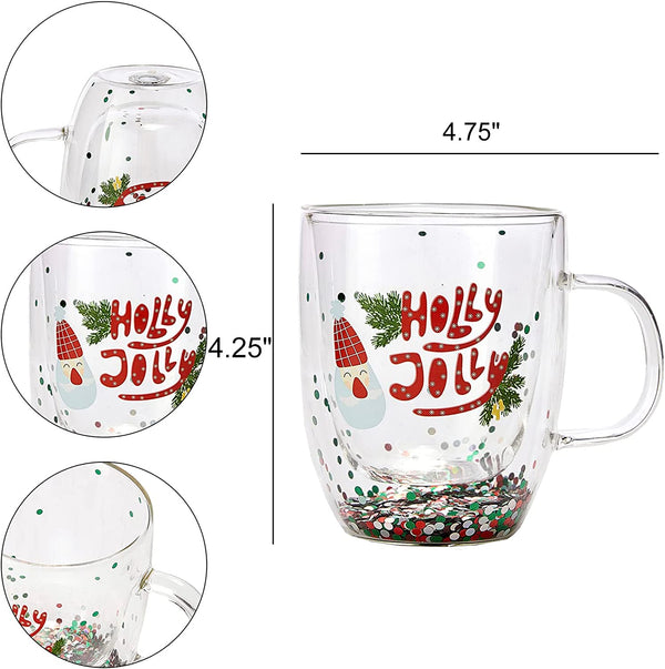 Set of 2 Holly Jolly Christmas Design Tumbler Mugs - Confetti Filled 9.5 oz Decorated Christmas Glass - Perfect for Wine, Eggnog, Cocoa, Holiday Parties & Festivities - 4.25