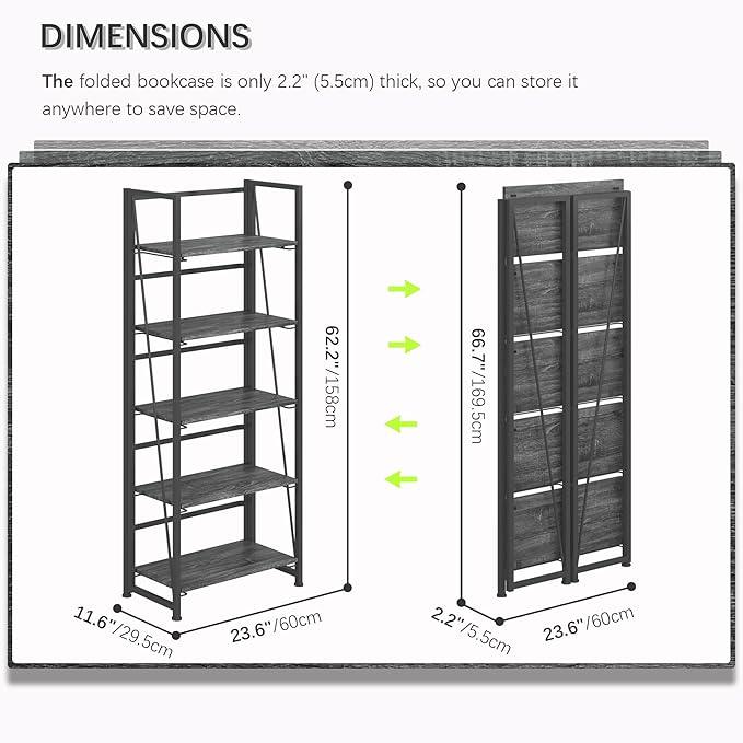 4NM No Assembly Foldable Bookshelf, 5-Shelf Collapsible Bookcase Storage for Small Spaces, 62.2