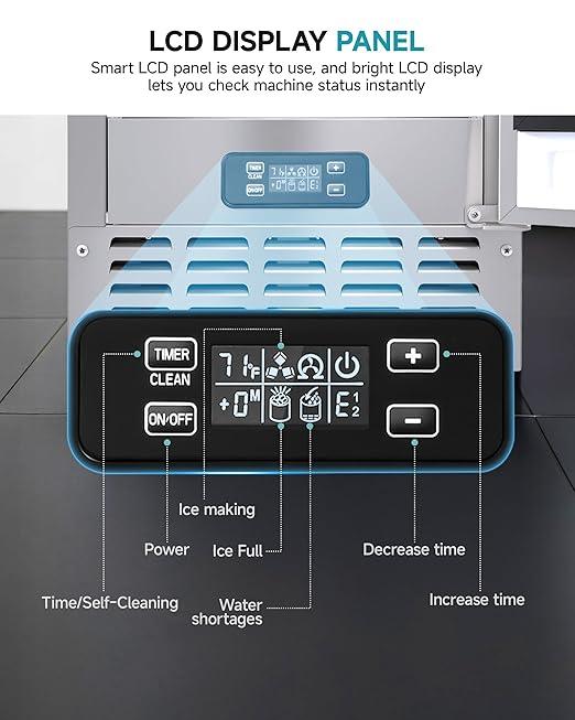 EUHOMY Commercial Under Counter Nugget Ice Maker Machine, 70Lbs/Day, Bulit-in Freestanding Ice Maker with Double Ice Baskets, Self-Cleaning & 24H Timer Ice Machine, for Commercial & Home Use(Silver)