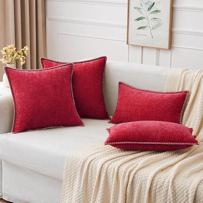 MIULEE Pack of 2 Christmas Pillow Covers 20x20 Inch Red Farmhouse Decorative Throw Pillow Covers with Stitched Edge Soft Chenille Solid Dyed Couch Pillow Covers for Sofa Bed Living Room